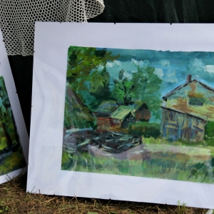 Obraz przedstawiający krajobraz, kilka domów i drzew.