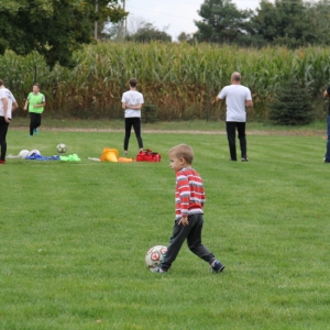 Mały chłopiec kopie piłkę na boisku.